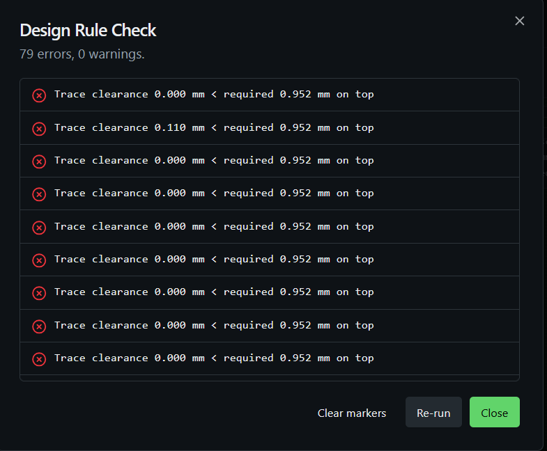 Design Rule Check results dialog listing trace clearance errors